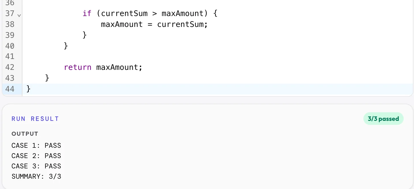 A real DojoPrep coding interview run: 3 of 3 tests passed